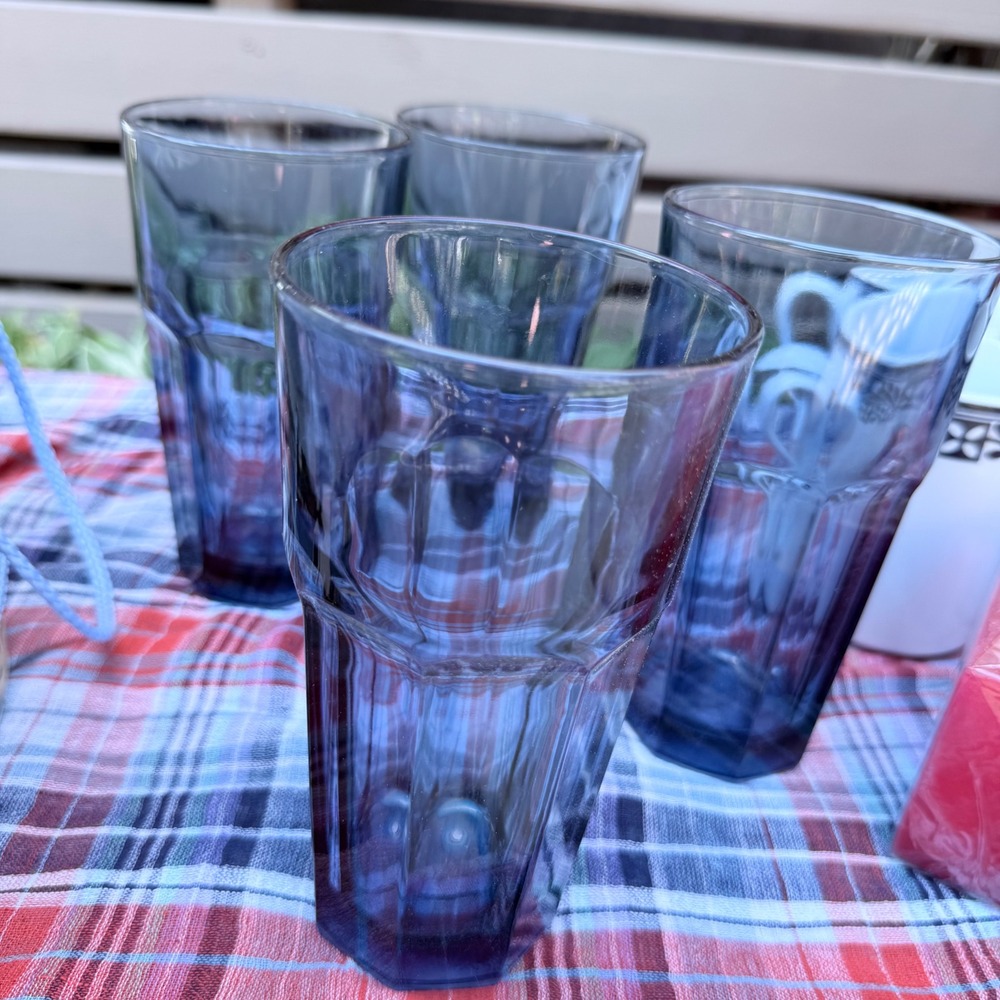 Libbey Duratuff Gibraltar USA Set of 4 Blue 16 Oz. Glass Tumblers FLAWLESS